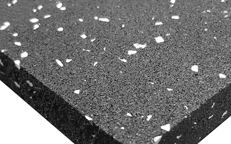 Close up image of black with light grey Flecked, Rubber Commercial Gym mat