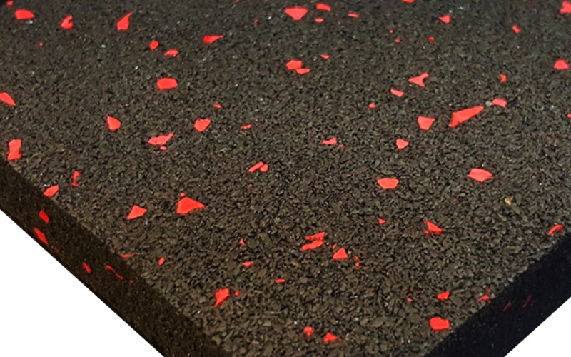 Close up image of black with red Flecked, Rubber Commercial Gym mat