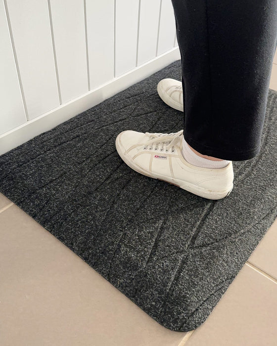 Insitu image of someone standing on the coal black standing desk mat.