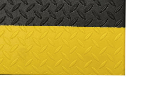 Corner image of Anti-fatigue mat called Diamond Foam Mat in black with yellow safety edges