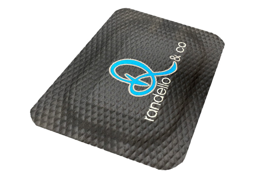 Side product image of a Black Hog Heaven Impressions Mat with a logo printed onto the anti-fatigue mat