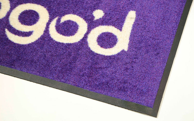 Corner product image of PrintPlush Logo Mat made from Plush nylon carpet top with nitrile rubber backing