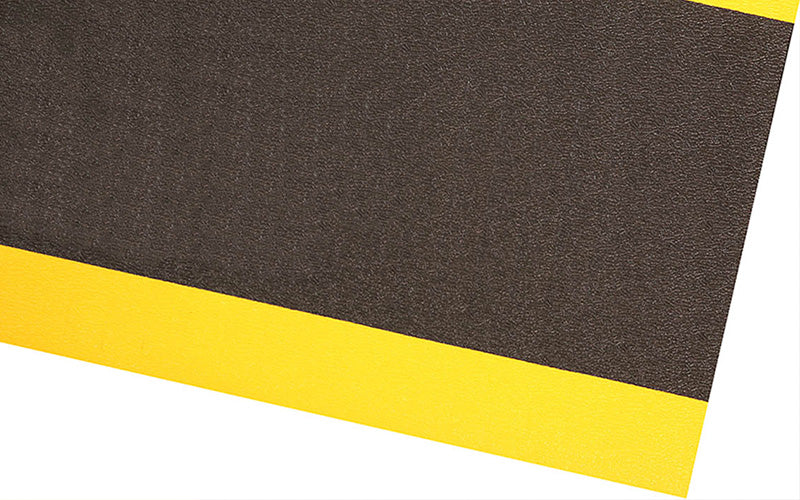 Corner product image of black and yellow, anti-fatigue Safety Cushion Mat
