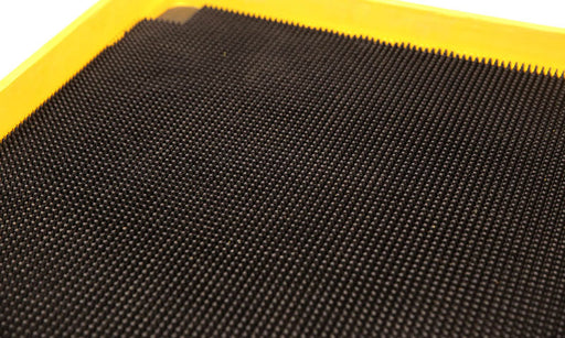 Close up product image of rubber, black and yellow Sanitising Foot Bath used to disinfect shoes