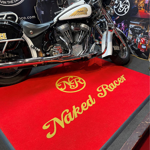 Insitu image of a Dirtstopper Logo Mat perfect for motorcycle displays. 