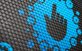 Close up image of a blue custom logo, digitally printed on a rubber scraper logo mat.