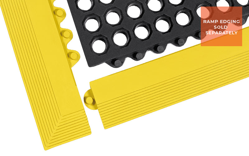 Corner product image of yellow ramps optional for 24/seven Interlocking mat with holes
