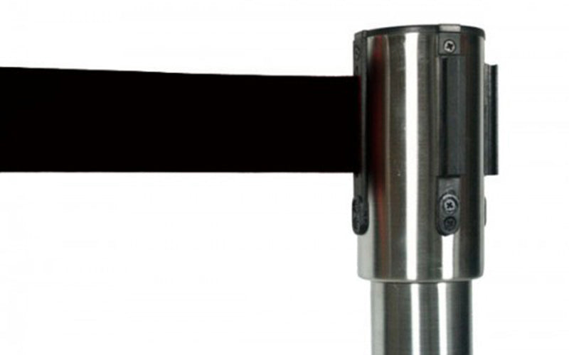 Close up product image of retractable barrier used for crowd control